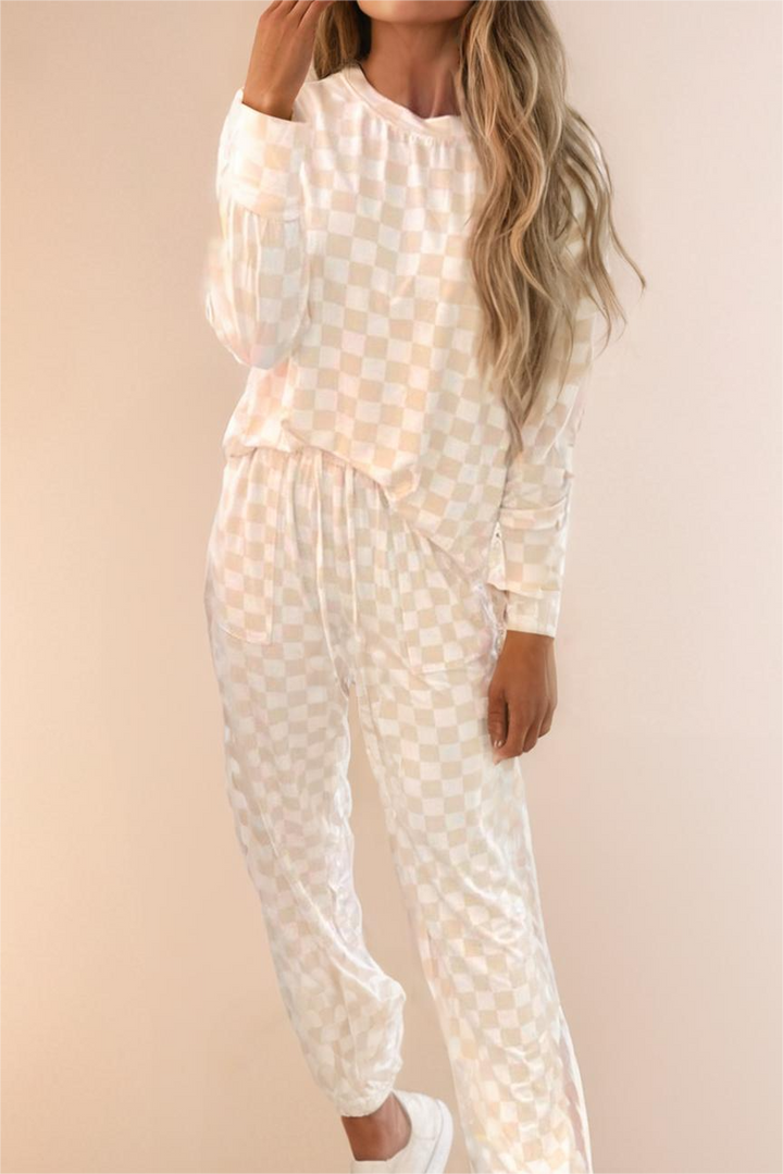 LA Society - Checkered Print Long Sleeve and Pants Set: Beige XL
