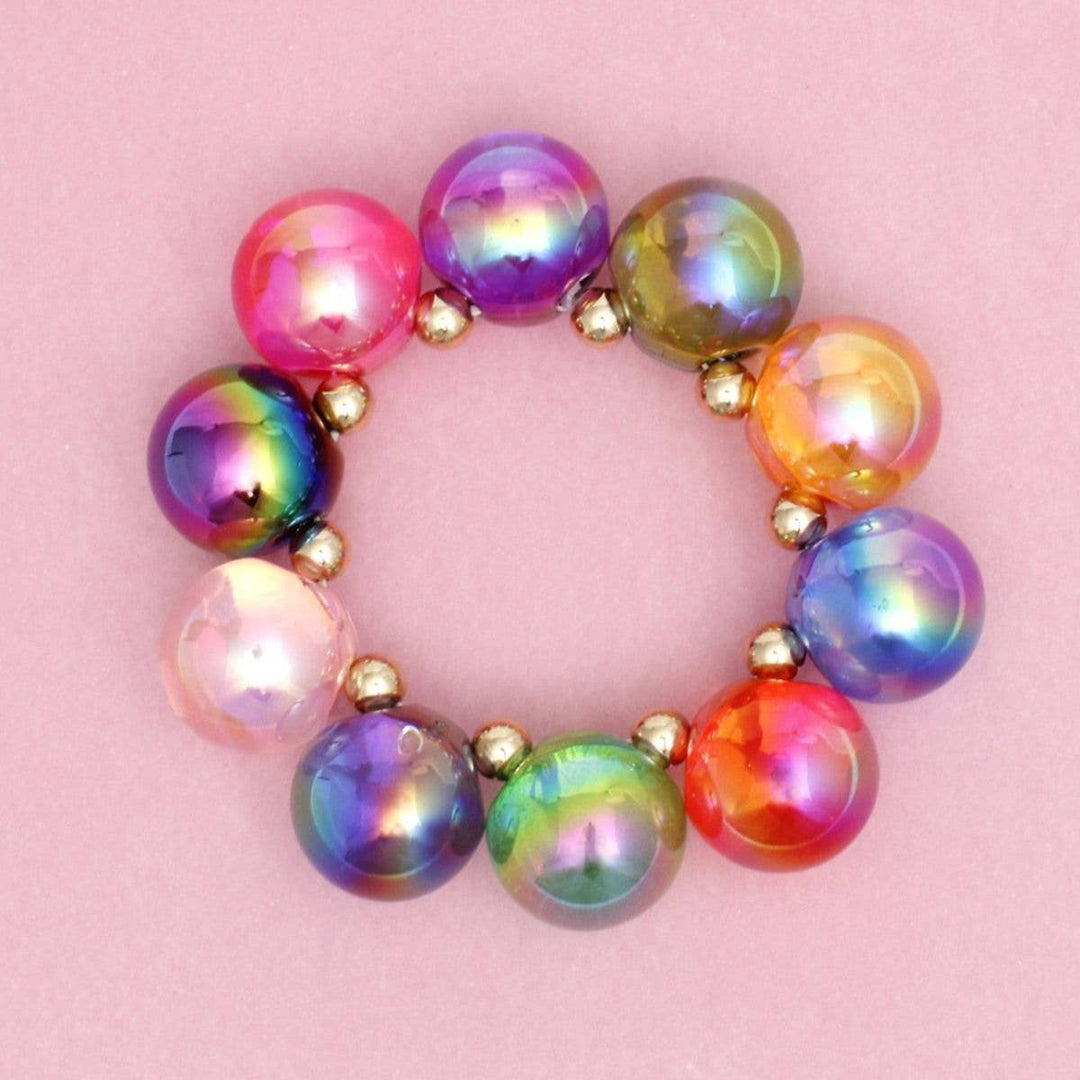 PinktownUSA - Bracelet Multicolor Iridescent Bubble Ball Bead: Multi Color / Gold / Stretch to Fit