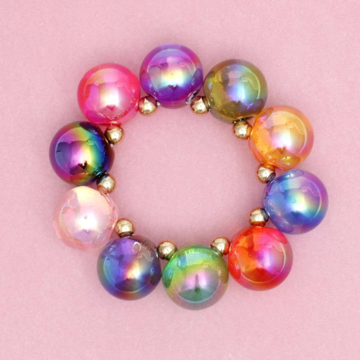 PinktownUSA - Bracelet Multicolor Iridescent Bubble Ball Bead: Multi Color / Gold / Stretch to Fit