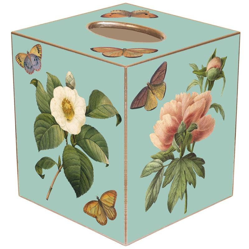 Marye-Kelley - Aqua Floral Tissue Box Cover: Paper Mache