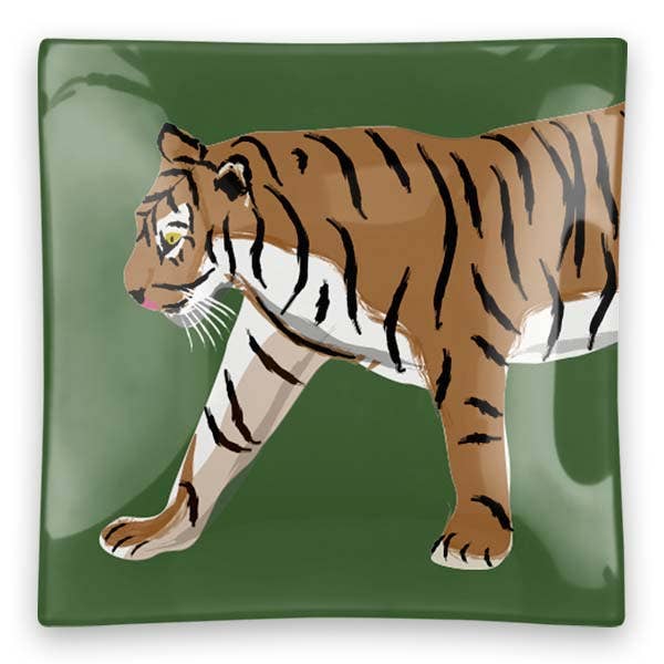 Clairebella - Walking Tiger Square Glass Trinket Tray: Navy