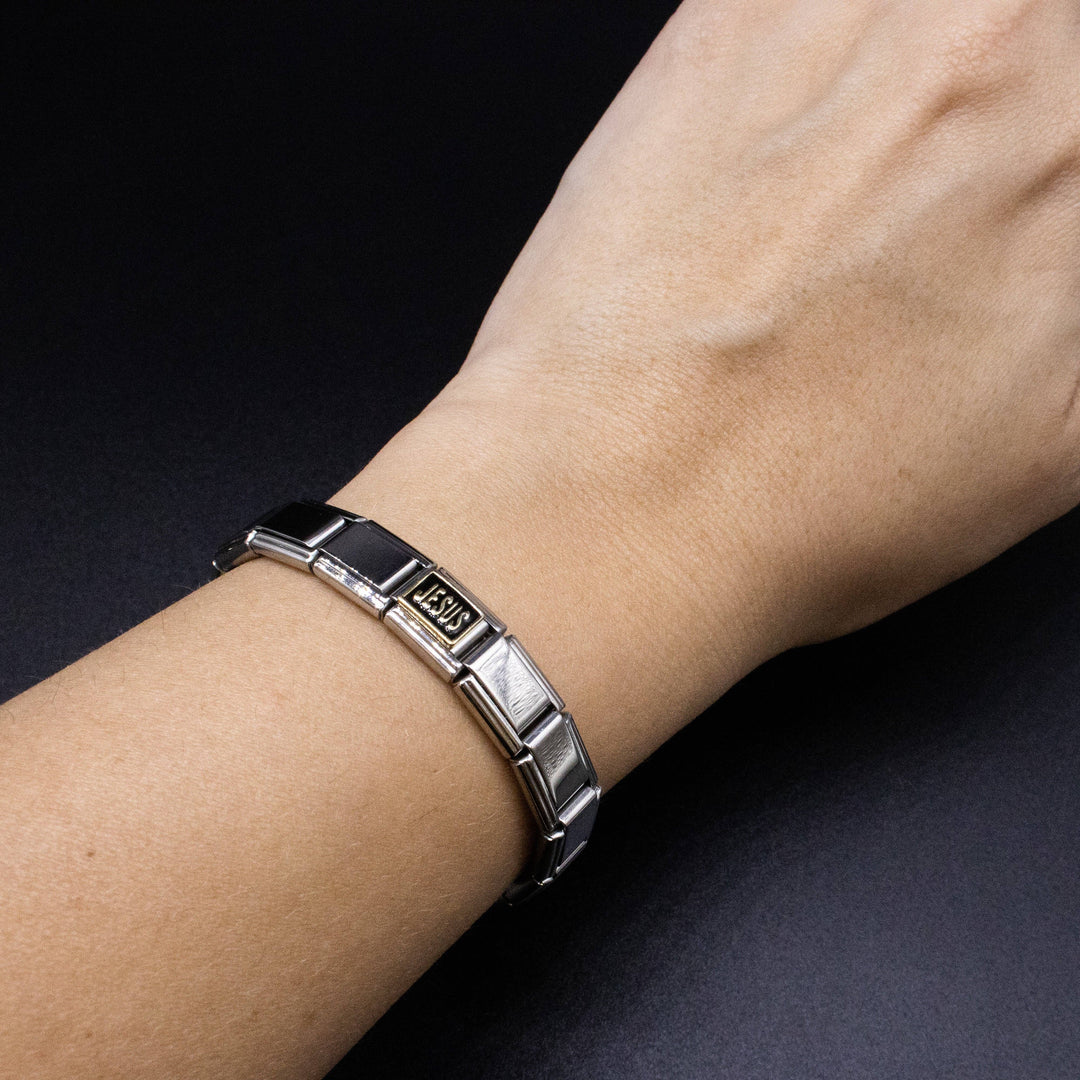 Natalia - Italian Bracelet Charms - "JESUS" (Black & Gold) Religious 9mm Links