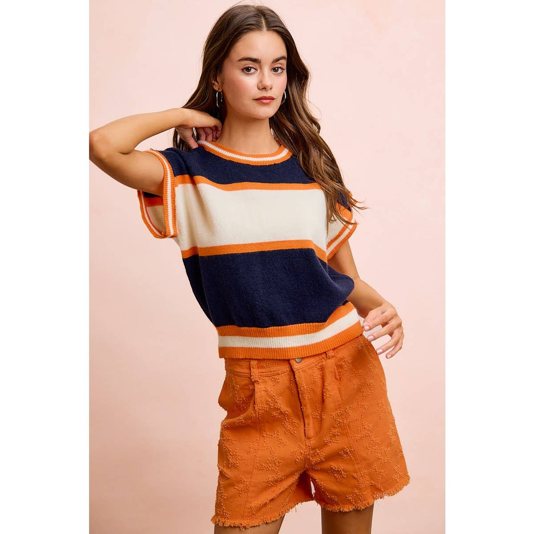 BiBi - GAMEDAY THEME COLORBLOCK REALXED FIT KNIT TOP: NAVY/ORANGE / XL