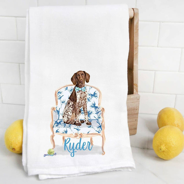 The Preppy Pineapple Home - Custom Brown Pointer Flour Sack Towel with Pet Name: No Accessory / Wingback Chair