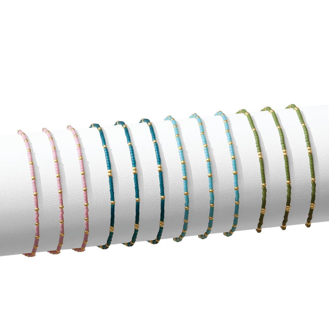 Splendid Iris - Set/12 miyuki delica stretch bracelets: White/Pink/Aqua