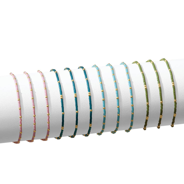 Splendid Iris - Set/12 miyuki delica stretch bracelets: White/Pink/Aqua