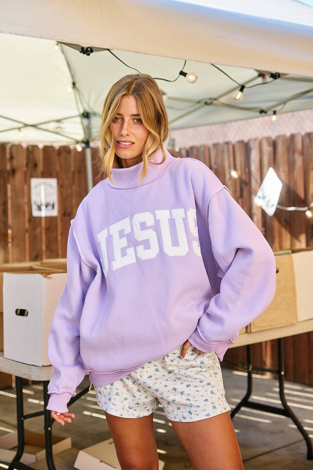 BUCKETLIST INC - IT2594E-JESUS  'JESUS' Embroidered Mock Neck Sweatshirt : LAVENDER / S/M-L/XL (3-3)