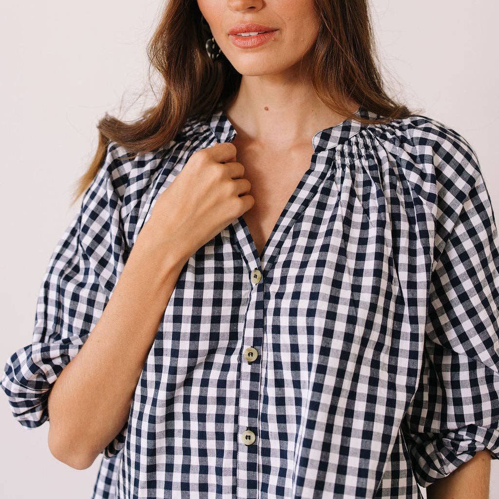 Sunshine Tienda - Navy Gingham Lucia Top: L