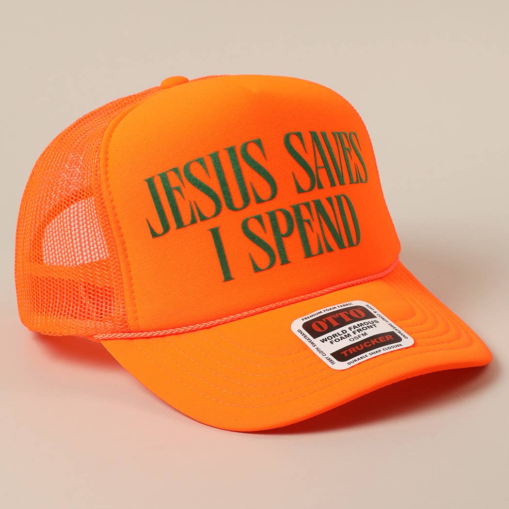 Fashion City - JESUS SAVES I SPEND Text Mesh Back Trucker Hat: Pink / ONE SIZE