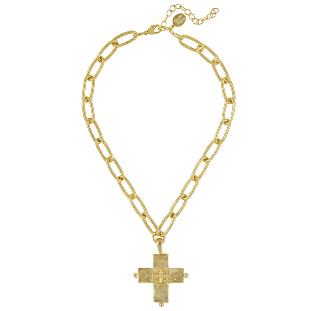 Susan Shaw - Gold Jerusalem Cross + Oblong Chain Necklace