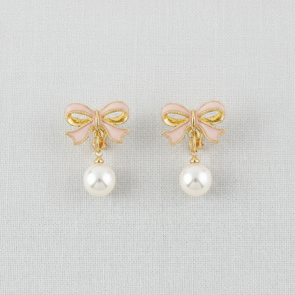 paperln - Pink Bow Pearl Clip-On Earrings