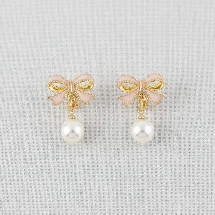 paperln - Pink Bow Pearl Clip-On Earrings