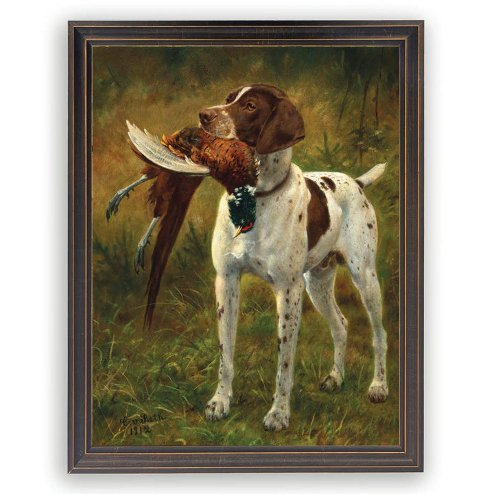 Antique Curiosities Inc - Framed vintage dog with pheasant oil painting reproduction: Barnwood Frame 310-400 Ee / 16" X 20"