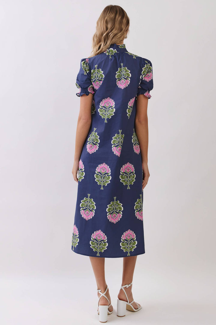 TCEC - CD06970-Floral Print Ruffle Collar Button Down Midi Dress: Green / S