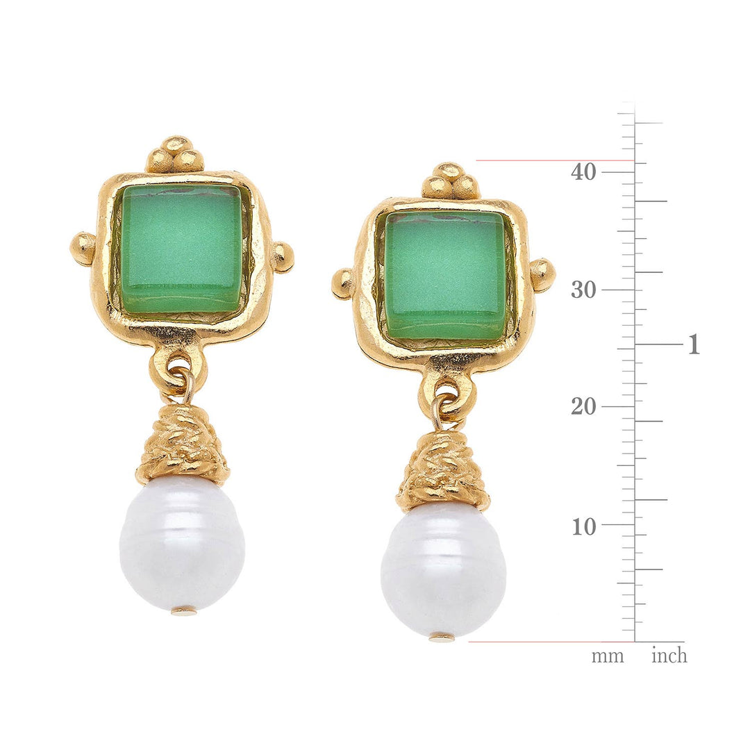 Susan Shaw - Charlotte Green French Glass + Pearl Drop Earrings