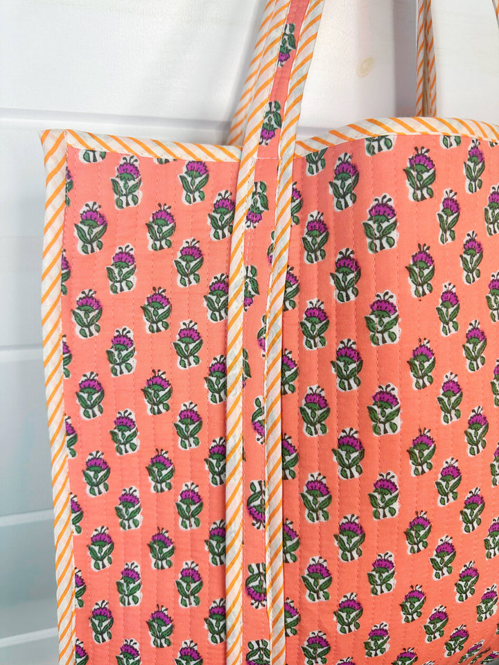 Folklore Couture - Quilted Tote Bag | Coral Floral Tote | Large Shopping Bag