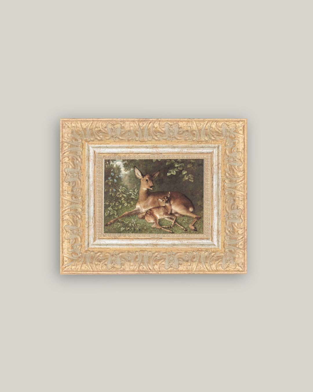 Petal Lane Home - Doe with Fawn Framed Antique Art: 12x10