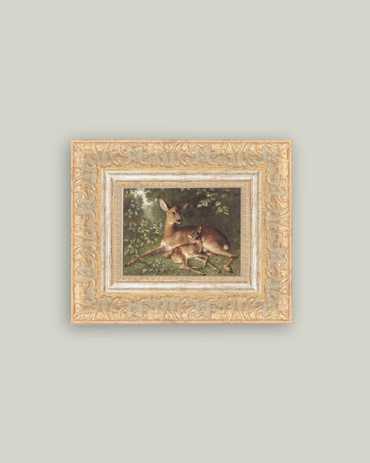 Petal Lane Home - Doe with Fawn Framed Antique Art: 12x10