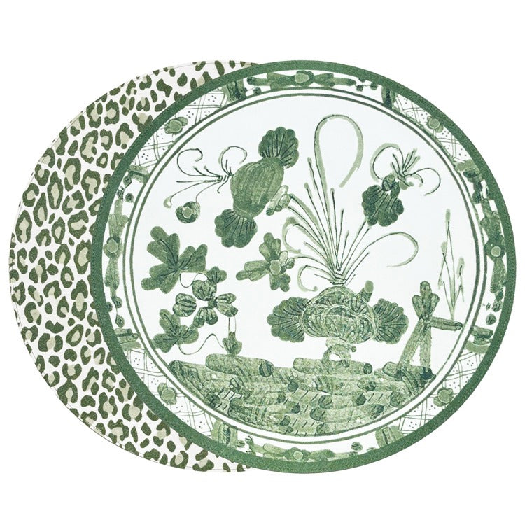 VIDA Faenza and Leopard Reversible Round Placemats Set of 4 (White & Green)