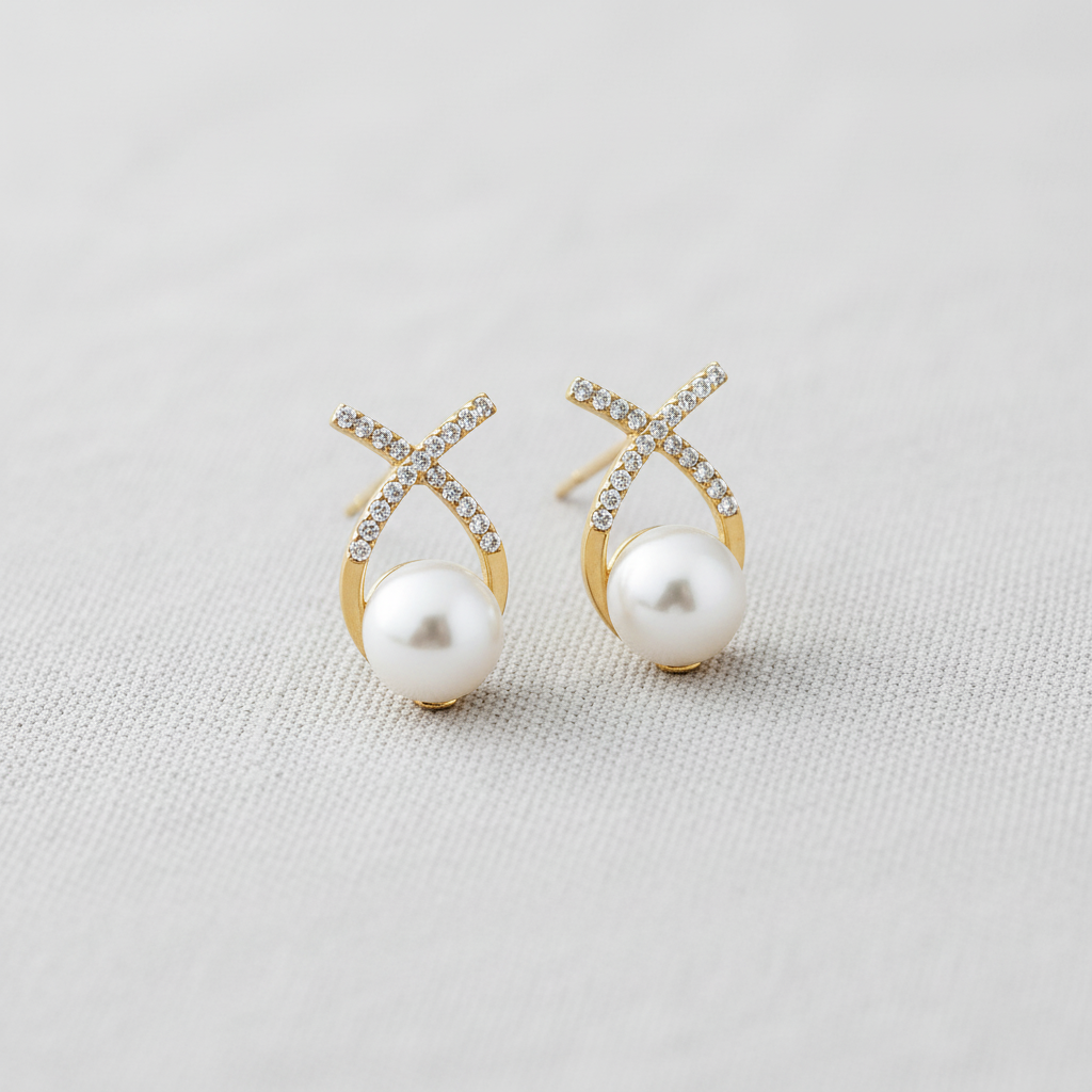 paperln - Cross Pearl Earrings with Zirconia Accents