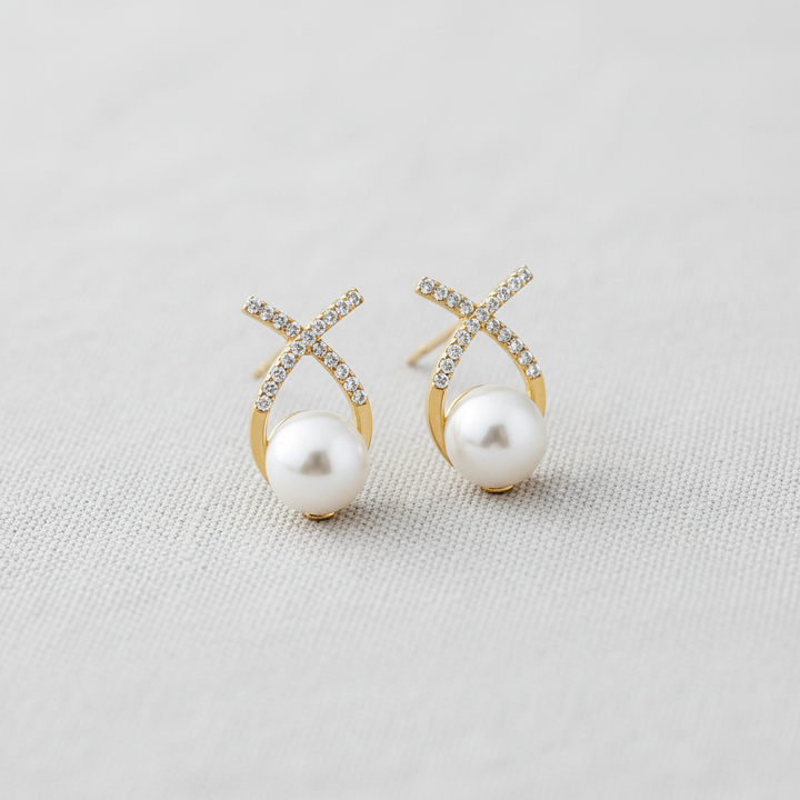 paperln - Cross Pearl Earrings with Zirconia Accents