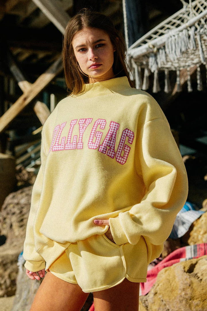 BUCKETLIST INC - IT2594-DILLYDALLY2 | Reversible Mockneck Sweatshirt: Butter Yellow / S/M-L/XL (3-3)