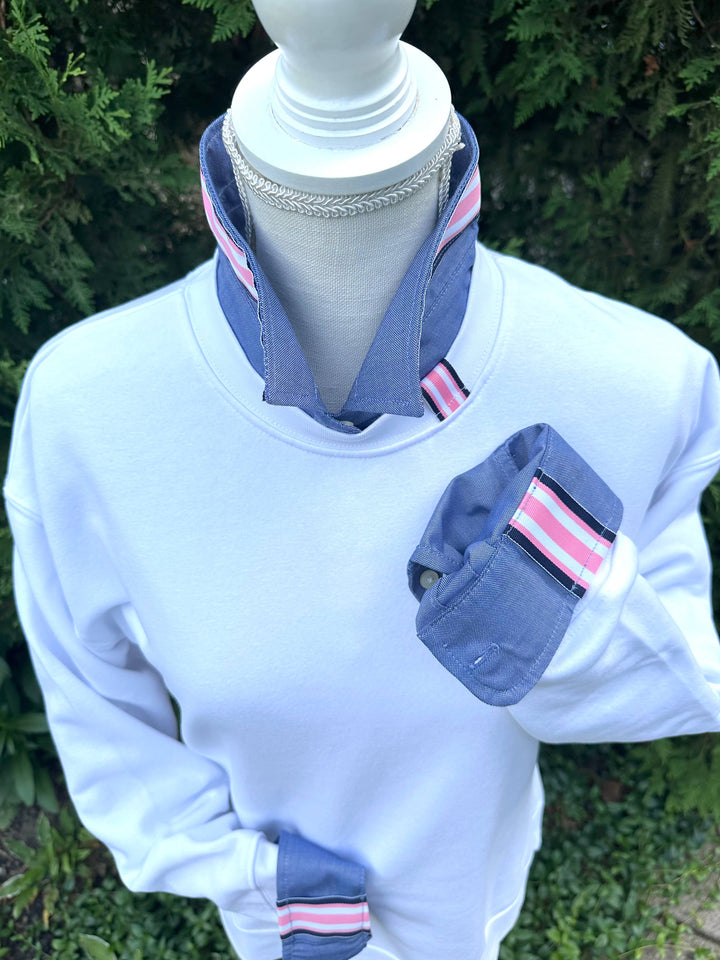 Pearly Vine - Casie 2 - Navy Oxford w/Navy, White & Pink Stripe Ribbon: Navy w Blue White & Pink Stripe Ribbon / L