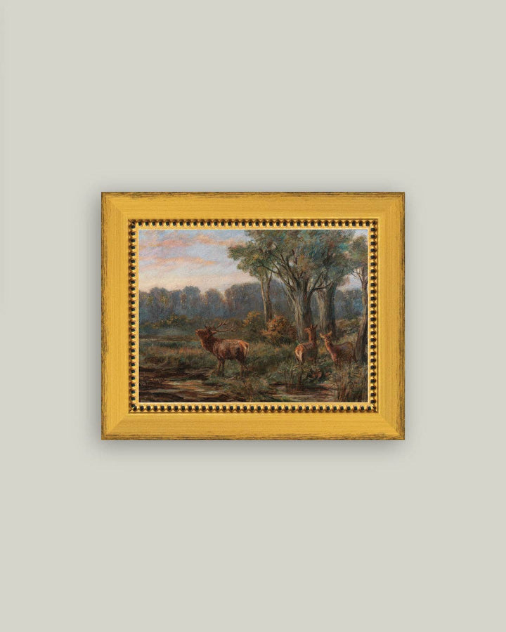 Petal Lane Home - Deer in Glade Framed Antique Art: 15x11