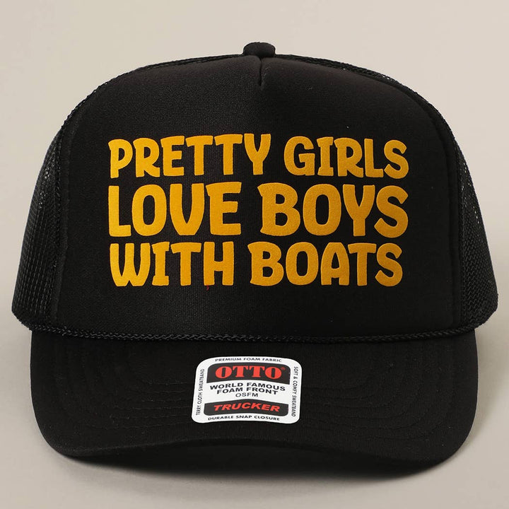 Fashion City - Pretty Girls Love Boys With Boats Text Print Mesh Back Cap: Pink / ONE SIZE
