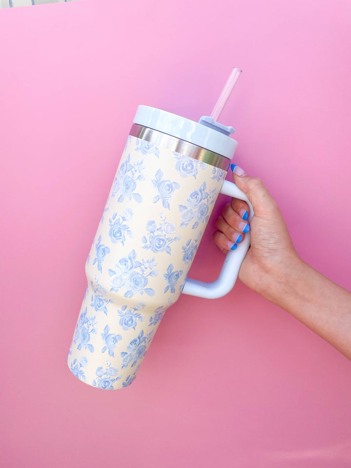 Rock Paper Scissors - Cream & Blue Floral 40oz Tumbler