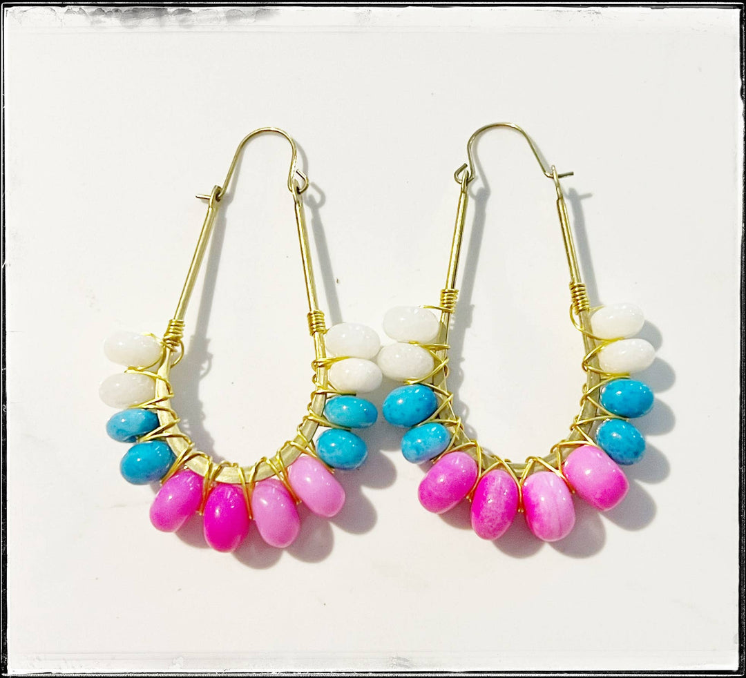 GentrybyJenna - Wire Wrapped Hoop Glass Bead Dangle Earring Turquoise Pink
