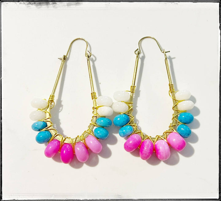 GentrybyJenna - Wire Wrapped Hoop Glass Bead Dangle Earring Turquoise Pink