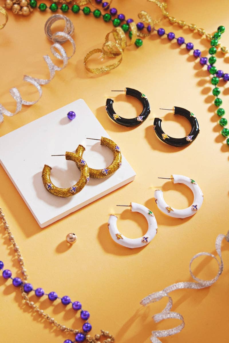 Verita Lane - Mardi Gras Fleur De Lis Enamel Hoop Earrings Hypoaller: White / ONE