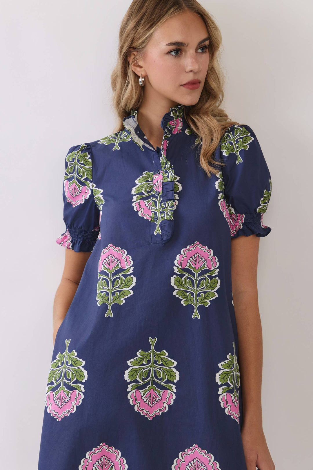 TCEC - CD06970-Floral Print Ruffle Collar Button Down Midi Dress: Green / S
