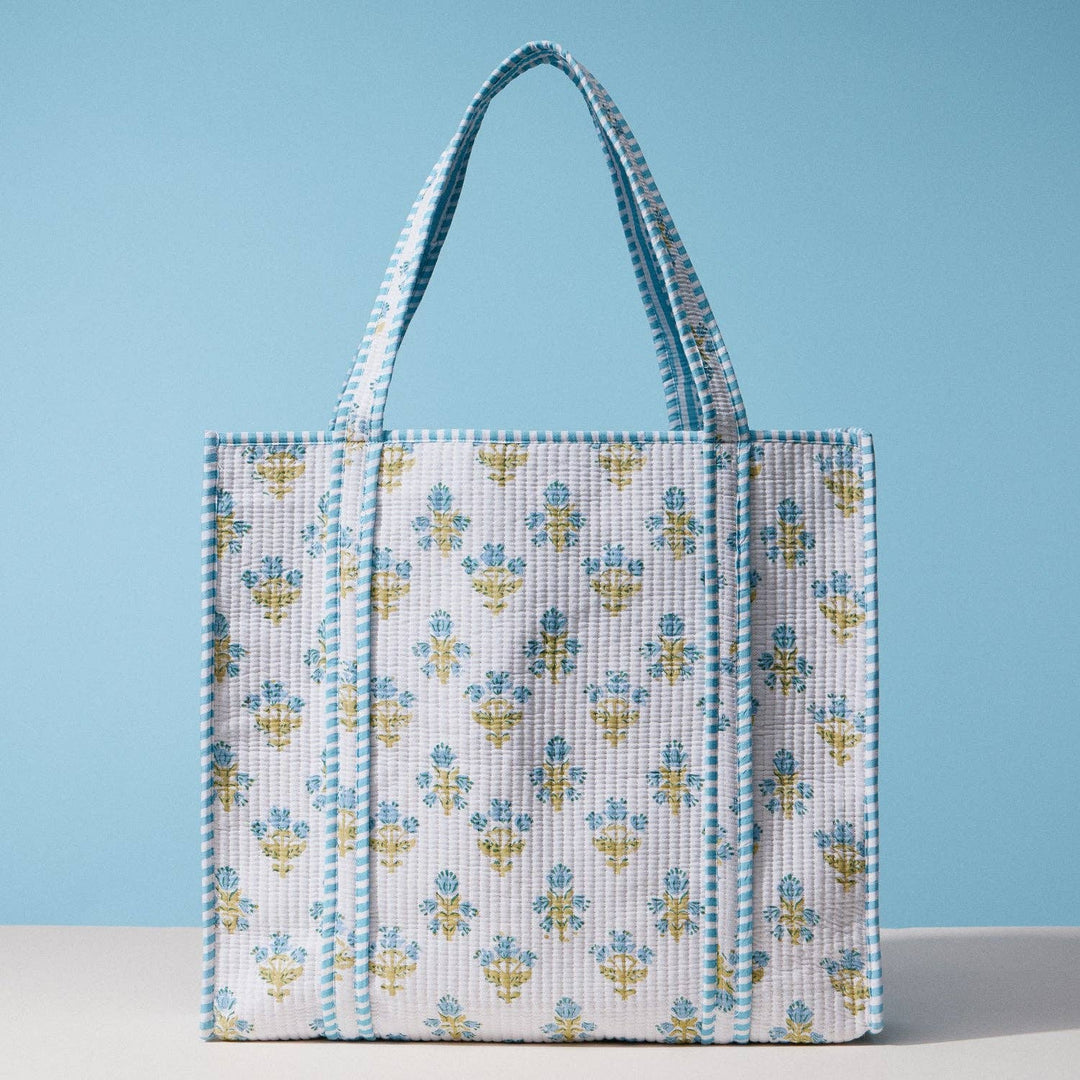 Frem - Blue and White Indian Quilted Tote Bag | Large Handmade Block Print Cotton Bag: MT / ONE