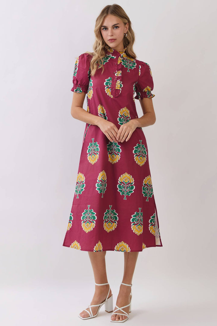 TCEC - CD06970-Floral Print Ruffle Collar Button Down Midi Dress: Green / S