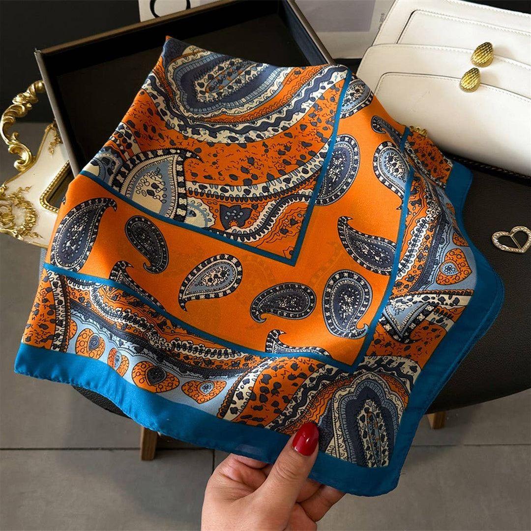 ACCITY - Lotus & Peony Print Satin Square Scarf for Summer_CWASC1429: BLUEORANGE / (OS) 3