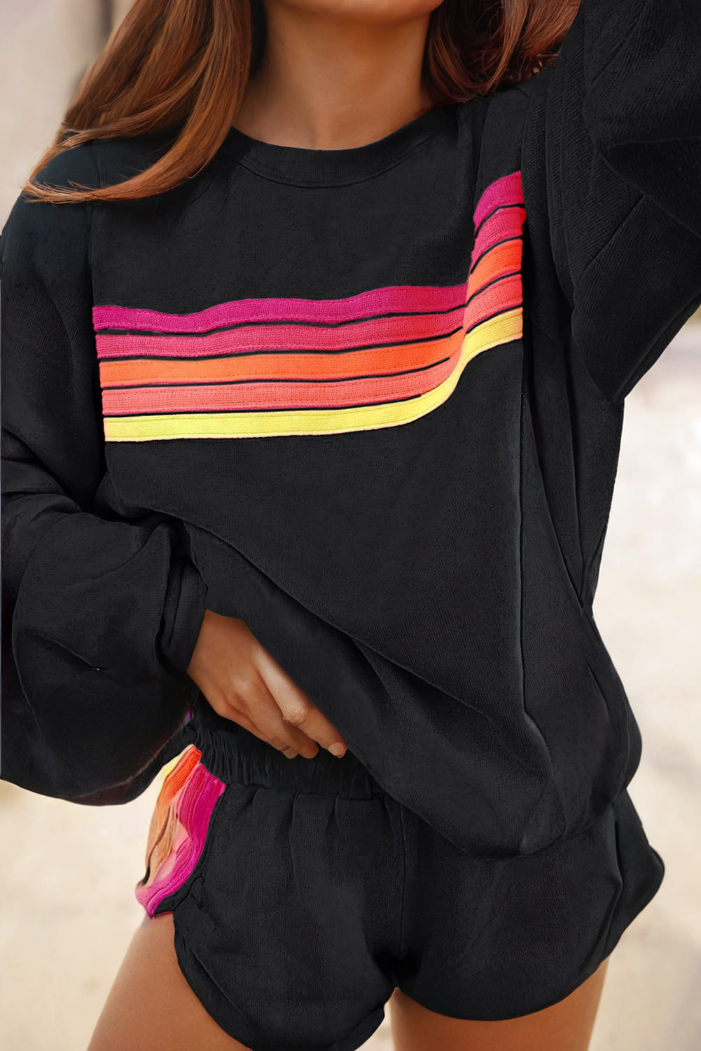 LA Society - Color Contrast Trim Long Sleeve and Shorts Set: Beige M