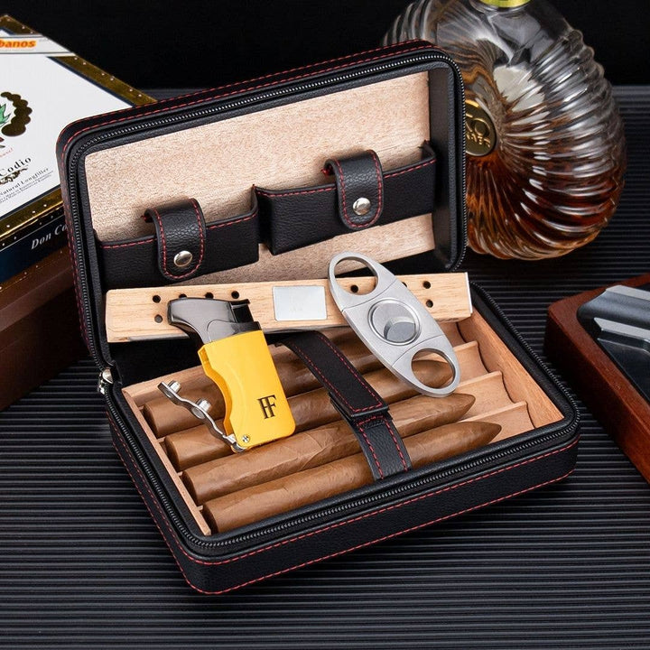 Fluid And Fire - Dominus 4-Slot Leather Travel Case – Torch, Cutter & Humidity Chamber: Maroon Case + Yellow Torch + Cutter