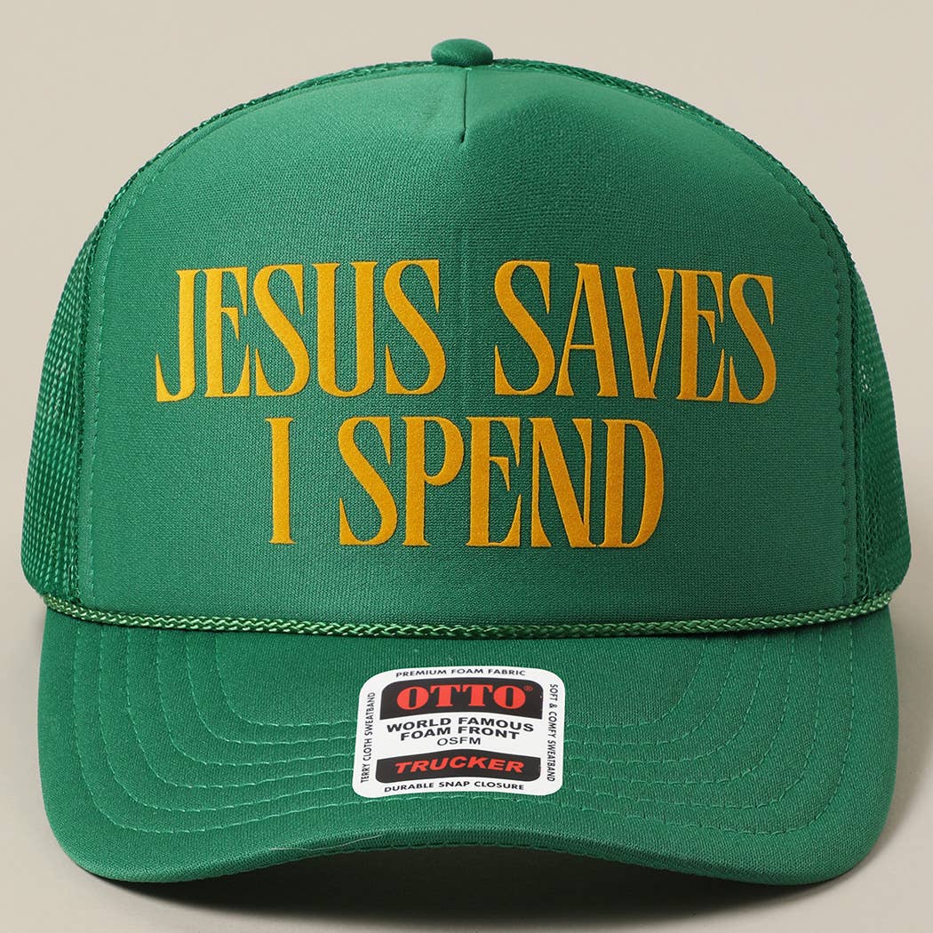 Fashion City - JESUS SAVES I SPEND Text Mesh Back Trucker Hat: Pink / ONE SIZE