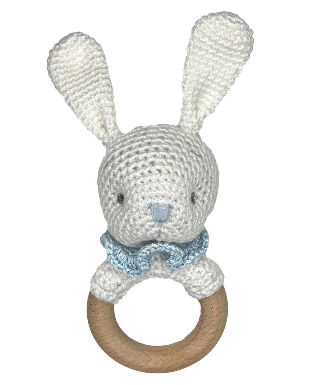 Boy bunny woodring rattle 5”