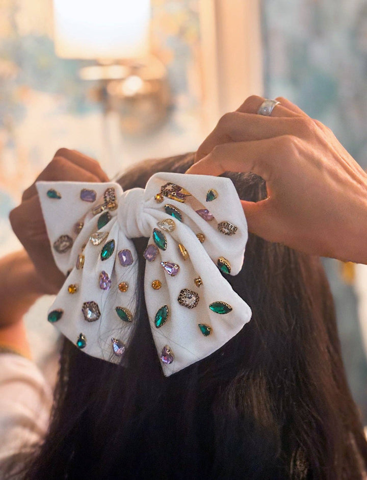 Mardi Gras Creations - Bejeweled Velvet Bow - White