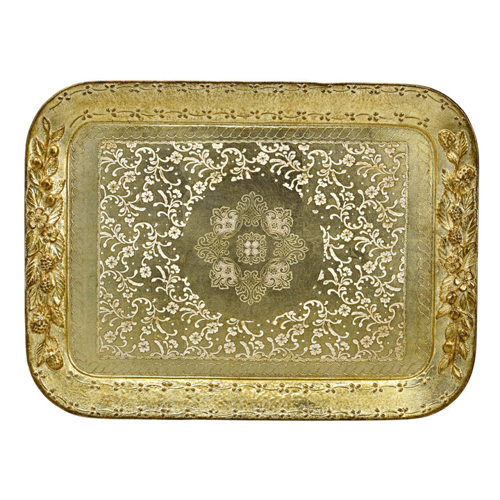 Florentine Wood Rectangle Berry and Botanical Tray, Made in Italy: Cappuccino / Large