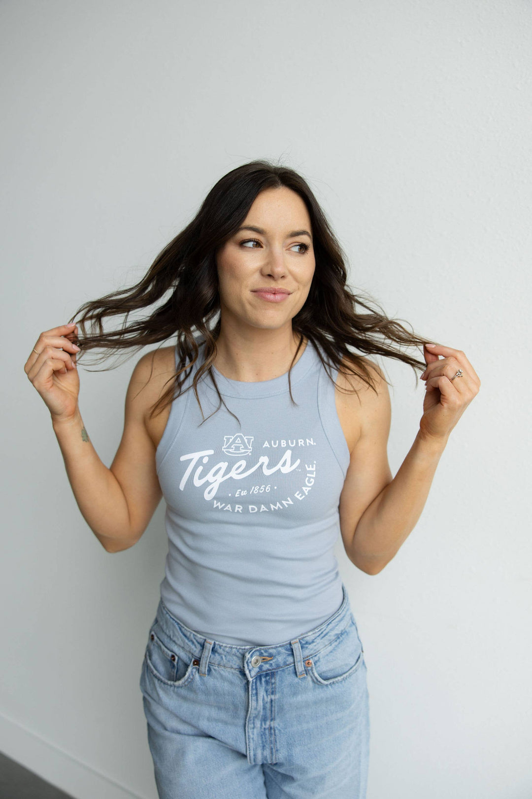 Gameday Social Apparel Co.® - Auburn Kelly Curve Full Length Ribbed Basic Tank: Pale Blue / S