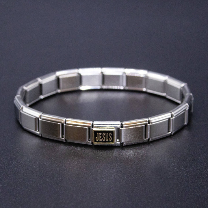 Natalia - Italian Bracelet Charms - "JESUS" (Black & Gold) Religious 9mm Links