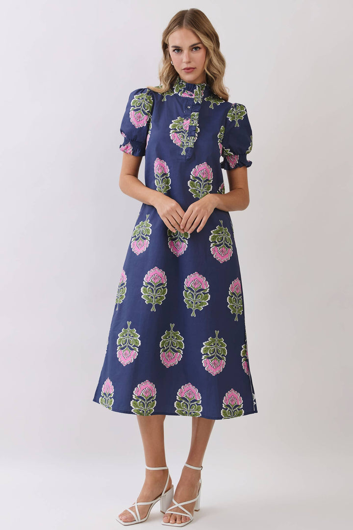 TCEC - CD06970-Floral Print Ruffle Collar Button Down Midi Dress: Green / S