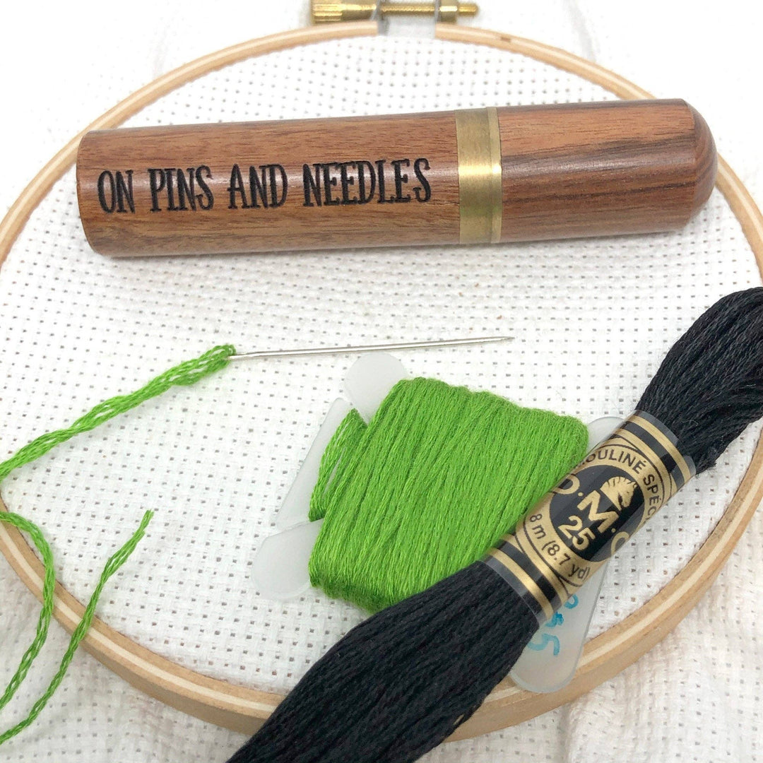 Snarky Crafter Designs - Little Pricks Engraved Needle Case: Snarky Embroidery Cross Stitch Quilting Custom Solid Wood Brass Screw Top Needle Storage Tube Container: On Pins & Needles