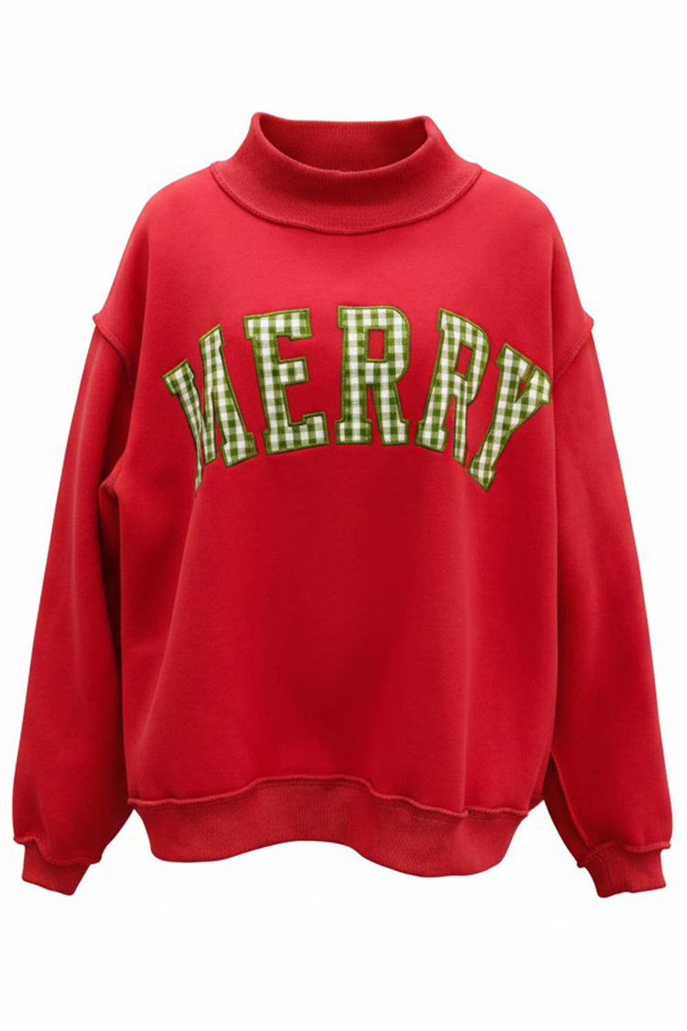 BUCKETLIST INC - IT2594E-MERRY4 | 'MERRY' Embroidered Mock Neck Sweatshirt: RED W/ PINK / S/M-L/XL (3-3)