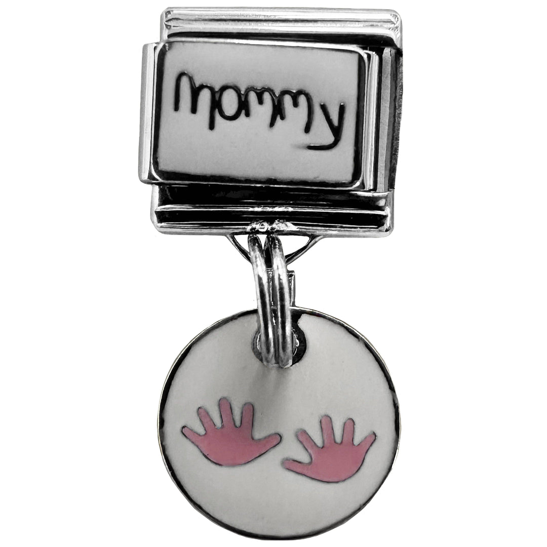 Natalia - Italian Bracelet Dangle Charm - Pink Handprint Mommy Dangle 9mm Links