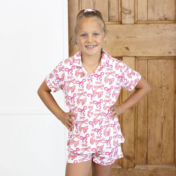 The Royal Standard - Girl's Sutton Bow Sleep Short Set   White/Pink: Large (10-12)